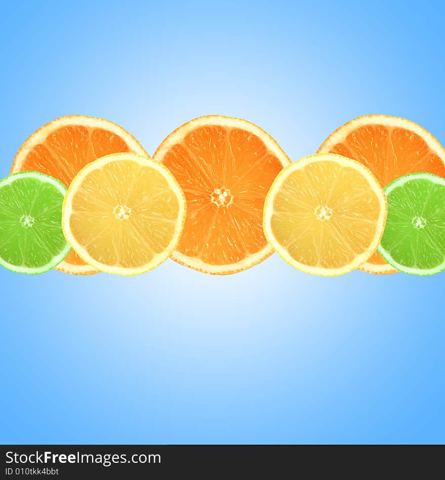 Lemon, lime and orange citrus fruit slices in a horizontal central line and set against a blue background with a white central glow. Lemon, lime and orange citrus fruit slices in a horizontal central line and set against a blue background with a white central glow.