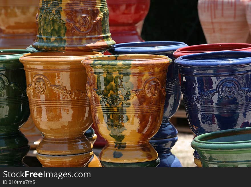 Colourful ceramics on the French Riviera, yellow and blue pottery