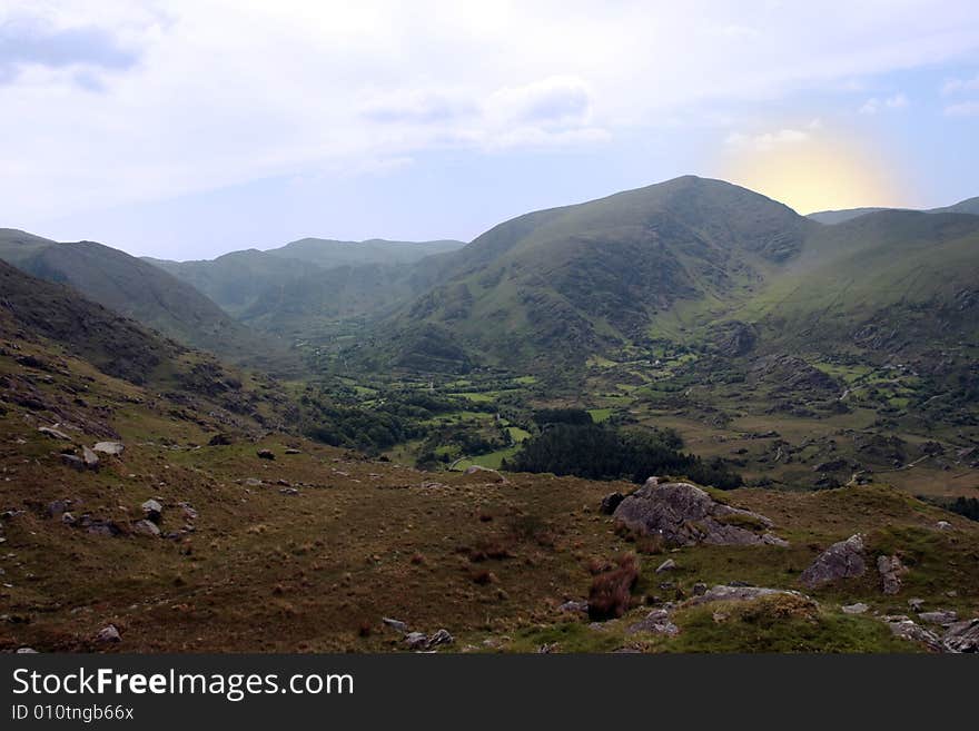 An dawn view of winding roads through the mountains of kerry. An dawn view of winding roads through the mountains of kerry