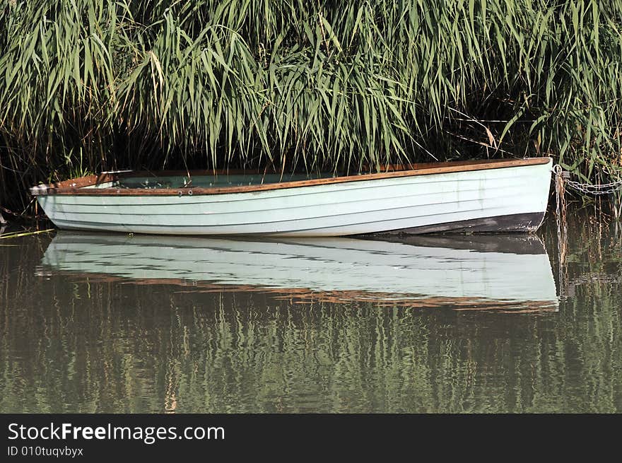 Rowing boat with green reed in the background