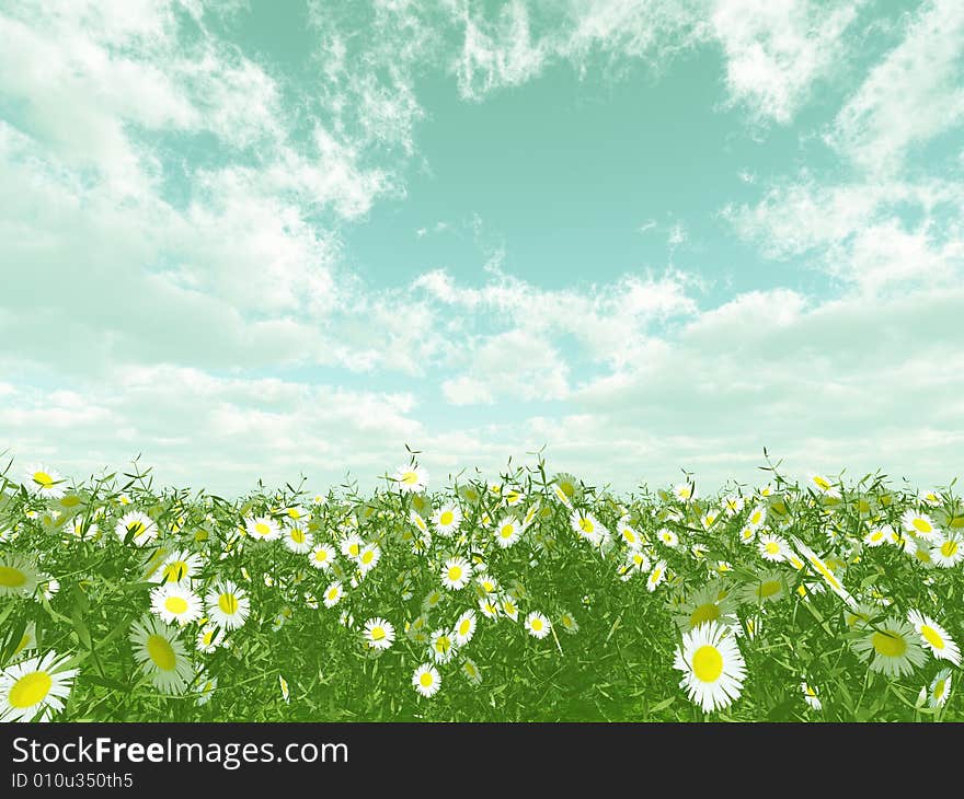 Beautiful field of flowers. 3d image. Beautiful field of flowers. 3d image