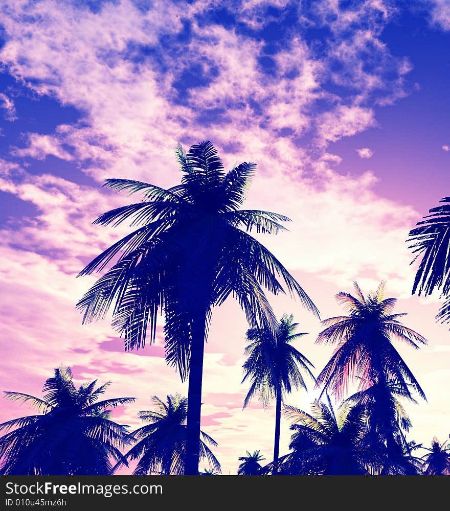 Beautiful sunset and palms. 3d image