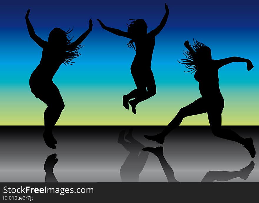 Illustration of jumping girls on blue colors background. Illustration of jumping girls on blue colors background