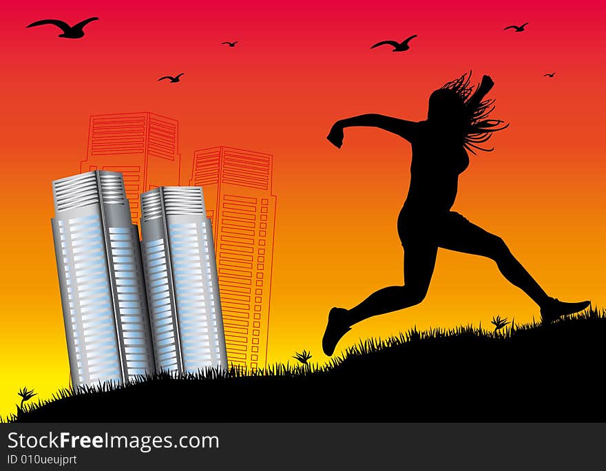 Illustration of a run away girl at sunset. Illustration of a run away girl at sunset