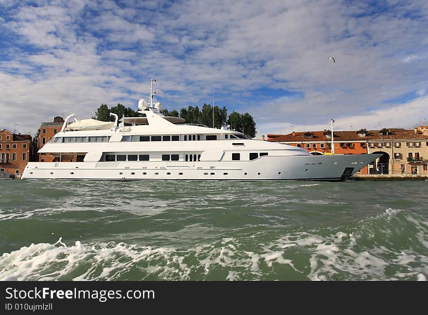 A luxury yacht docked at Venice seaside