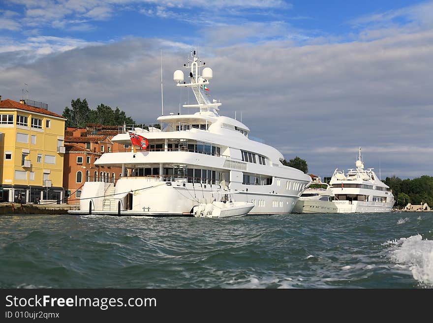 A luxury yacht docked at Venice seaside