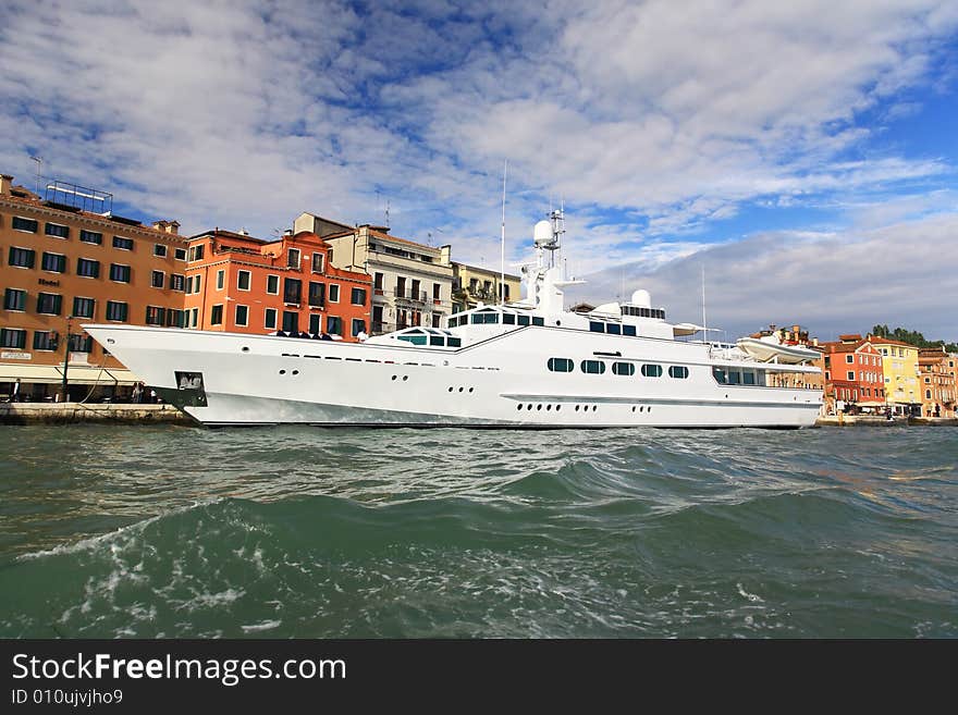 A luxury yacht docked at Venice seaside