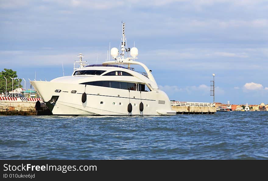 A luxury yacht docked at Venice seaside