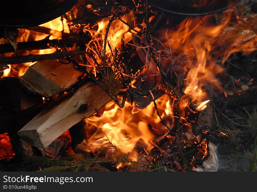 Fire flames raising in a dark background