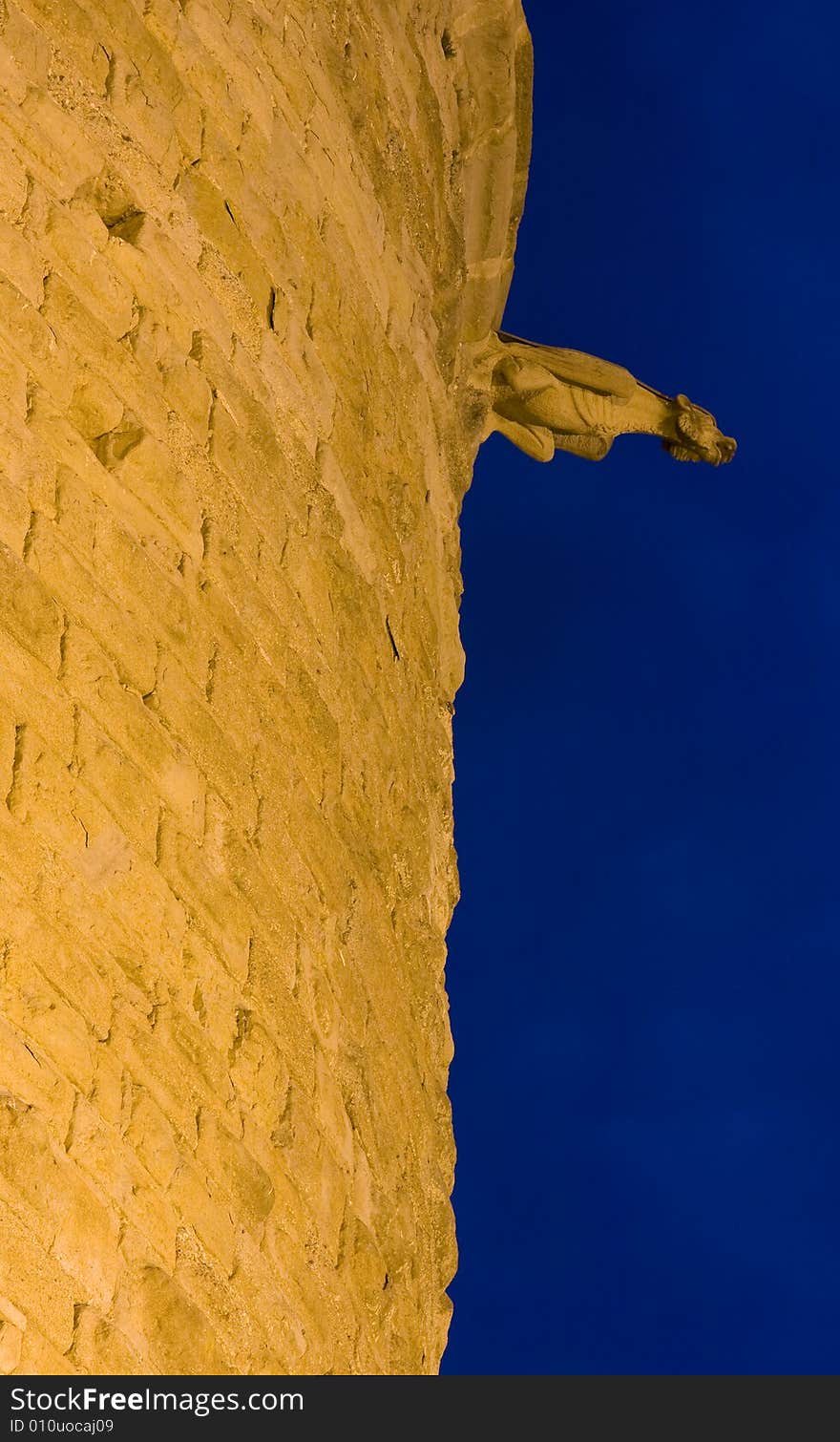 A floodlit gargoyle on the wall of the medieval city of Carcassonne. A floodlit gargoyle on the wall of the medieval city of Carcassonne.