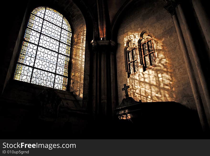 France, Paris:The Benedictine Abbey of Saint Germain des pres was founded by the merovingian king Childebert I in the 6th century. A nice inside view with two windows. France, Paris:The Benedictine Abbey of Saint Germain des pres was founded by the merovingian king Childebert I in the 6th century. A nice inside view with two windows