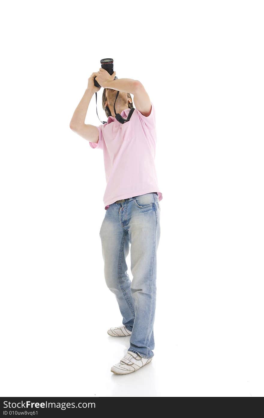 The man with the camera isolated on a white