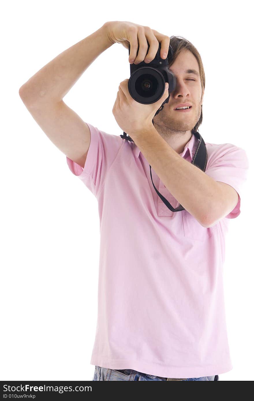 The man with the camera isolated on a white