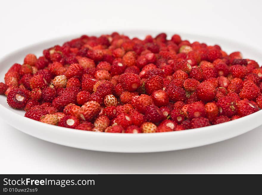 A close-up of a plate of fresh wild strawberry. Shallow depth of field.