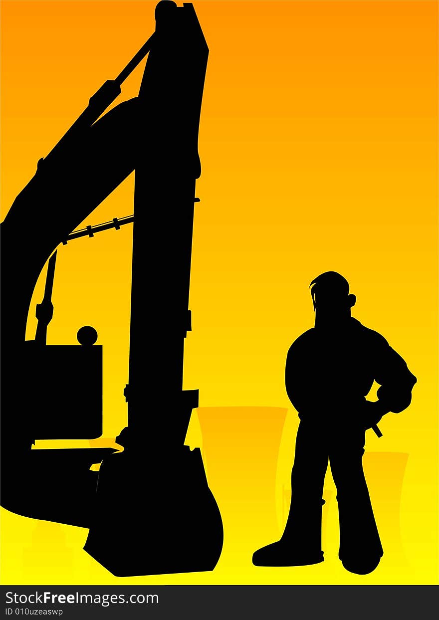 Engineer and crane on gradient background