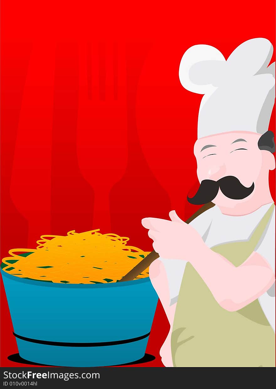 Cook with chow mien on abstract background