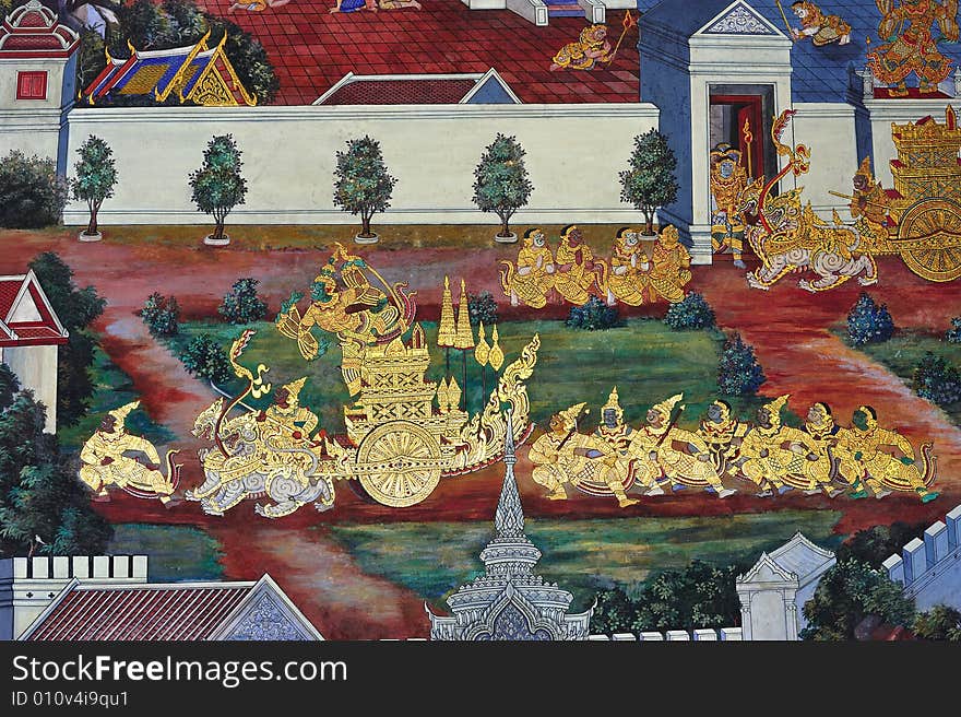 Thailand Bangkok; the wat Phra Kaew shelter the most sacred image of Thailand the Emerald Buddha. The temple is situated in the northeast corner of the Grand Palace. View of the painting walls. Thailand Bangkok; the wat Phra Kaew shelter the most sacred image of Thailand the Emerald Buddha. The temple is situated in the northeast corner of the Grand Palace. View of the painting walls