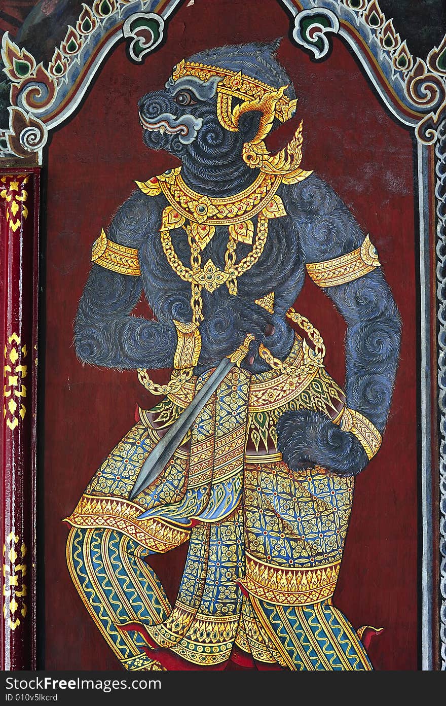 Thailand Bangkok; the wat Phra Kaew shelter the most sacred image of Thailand the Emerald Buddha. The temple is situated in the northeast corner of the Grand Palace. Wall painting with a mythological being. Thailand Bangkok; the wat Phra Kaew shelter the most sacred image of Thailand the Emerald Buddha. The temple is situated in the northeast corner of the Grand Palace. Wall painting with a mythological being.