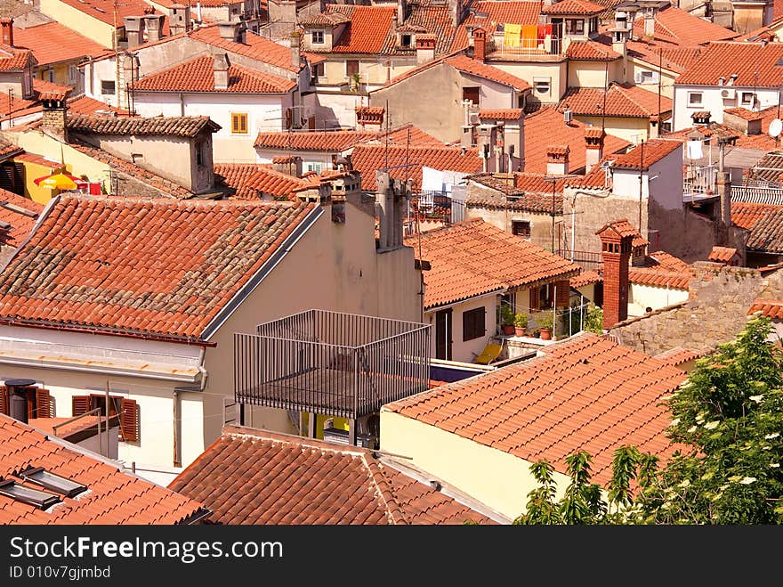 Piran, Slovenia seen from the old city walls at the hill