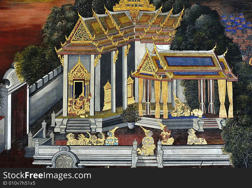 Thailand Bangkok; the wat Phra Kaew shelter the most sacred image of Thailand the Emerald Buddha. The temple is situated in the northeast corner of the Grand Palace. wall painting with mythological scenes. Thailand Bangkok; the wat Phra Kaew shelter the most sacred image of Thailand the Emerald Buddha. The temple is situated in the northeast corner of the Grand Palace. wall painting with mythological scenes