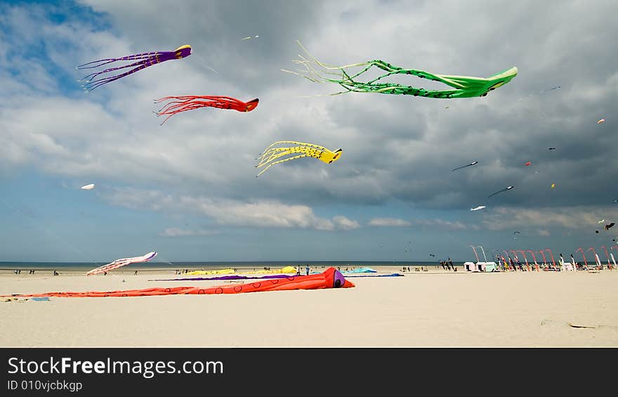 Colored kites at the beach