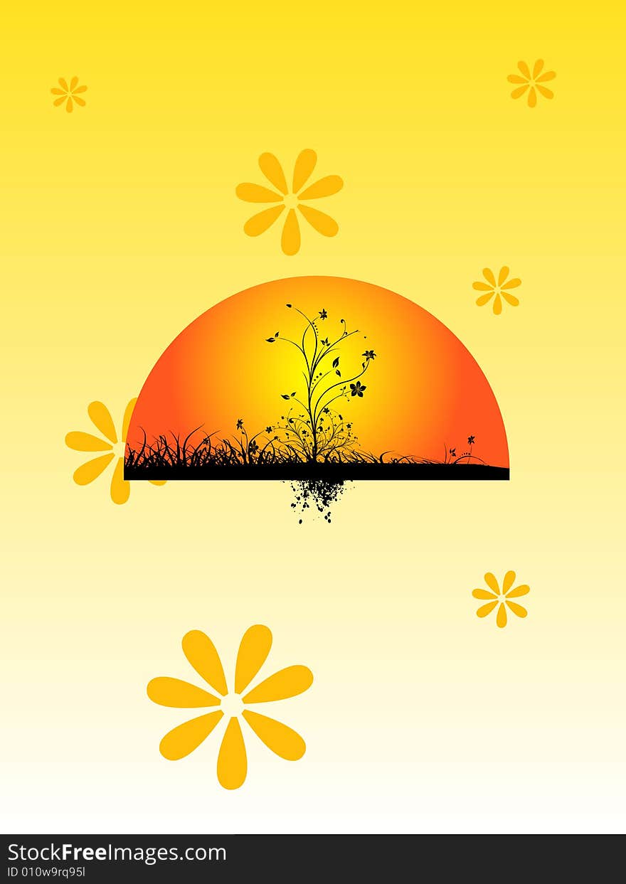 Rising sun on floral background
