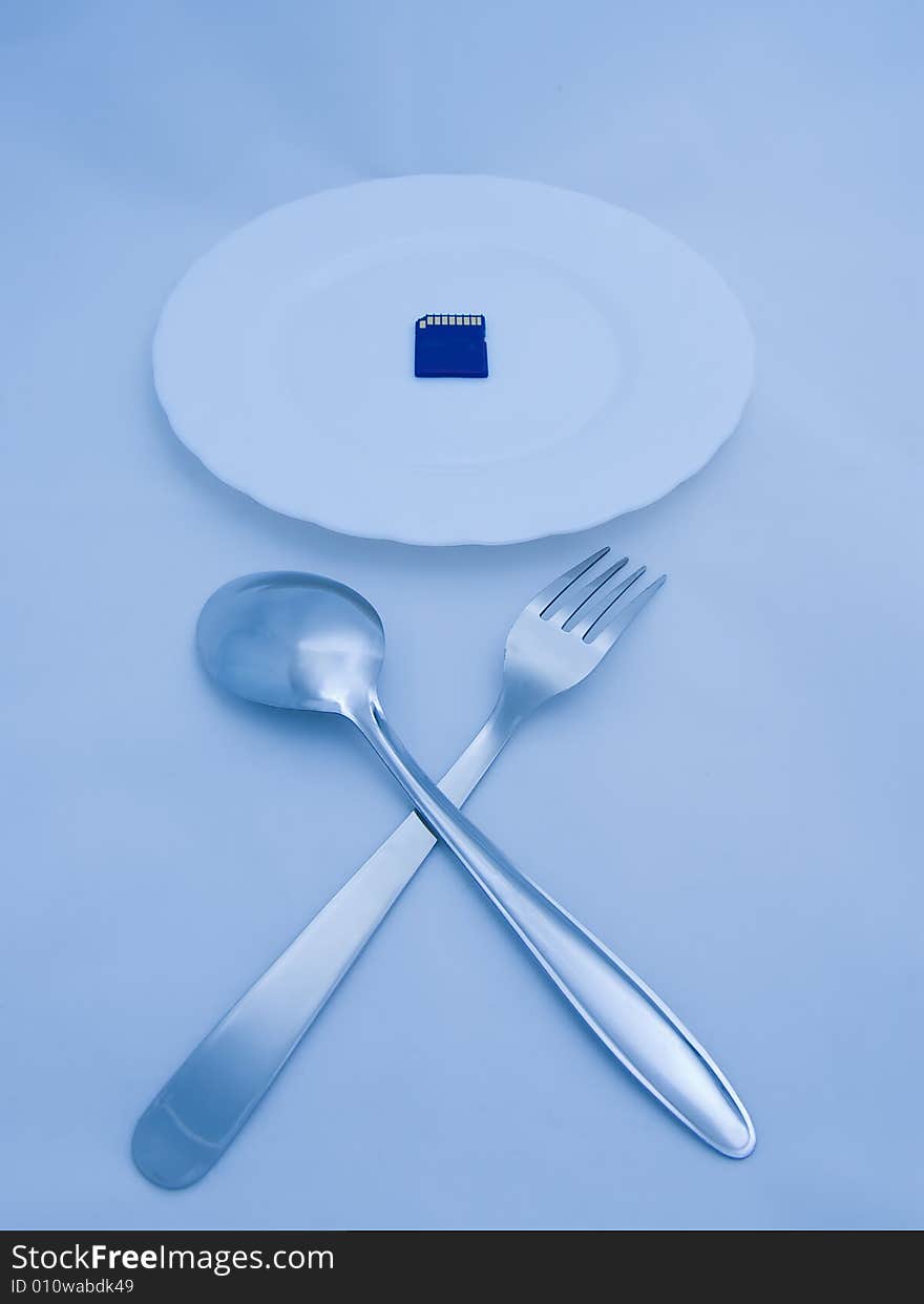 Digital meal: Flash card on plate, fork and spoon