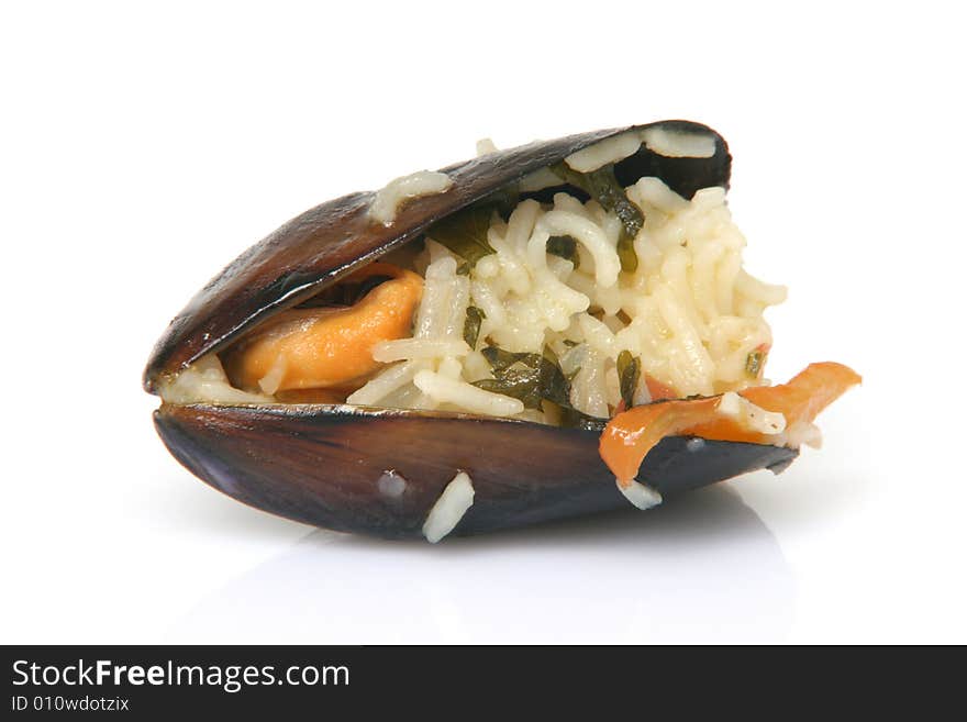 Gourmet closeup mussels cooked with rice isolated on white background. Gourmet closeup mussels cooked with rice isolated on white background