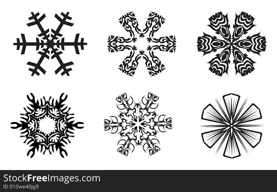 6 black snowflakes on white background. 6 black snowflakes on white background