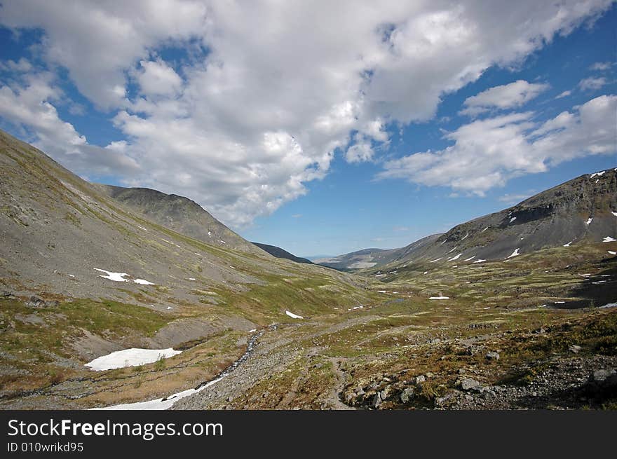 Northern valley in mountains. Russian North.