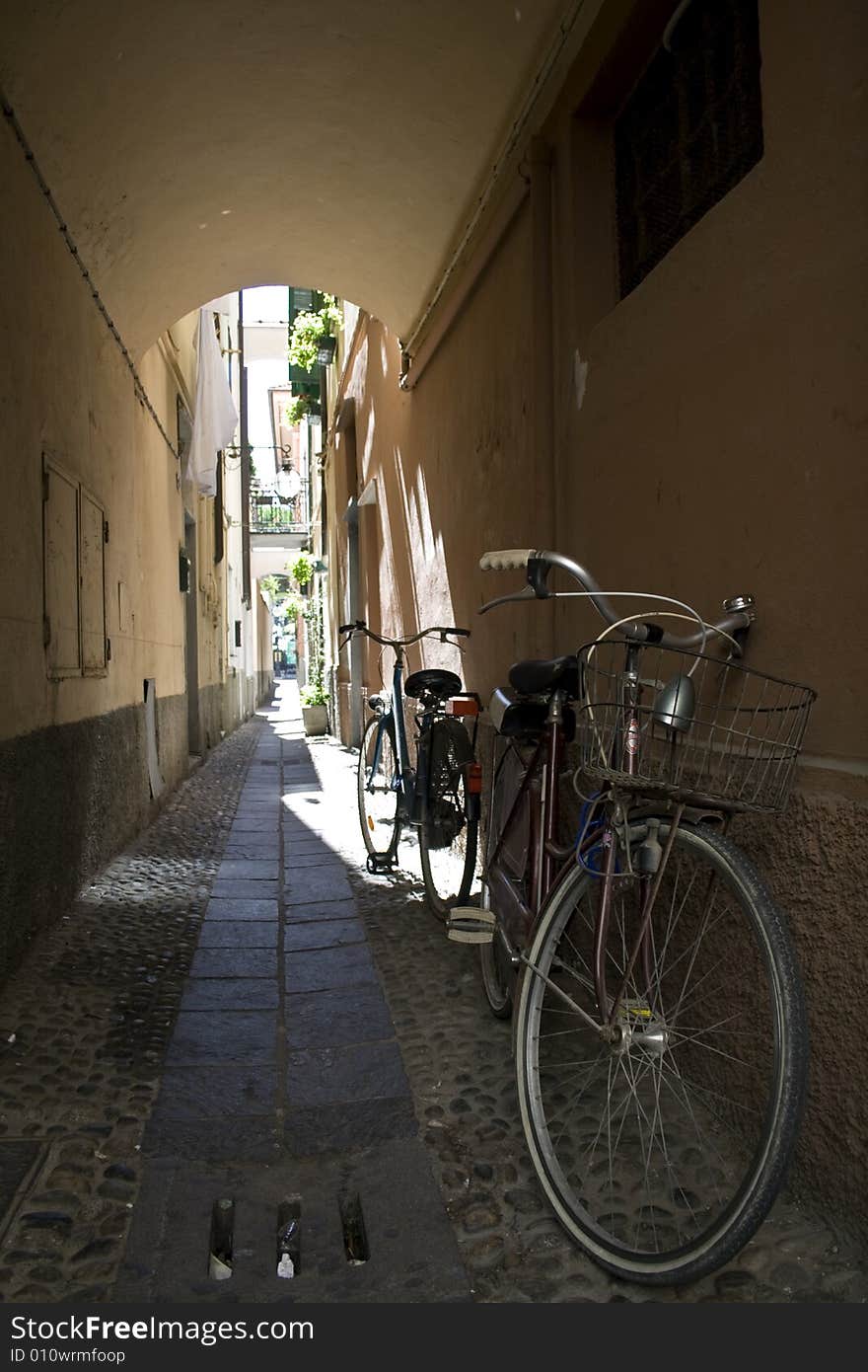 Alley with bicycle in downtown spotorno western coast in liguria