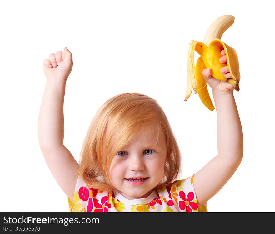 Girl with fruit isolated on white