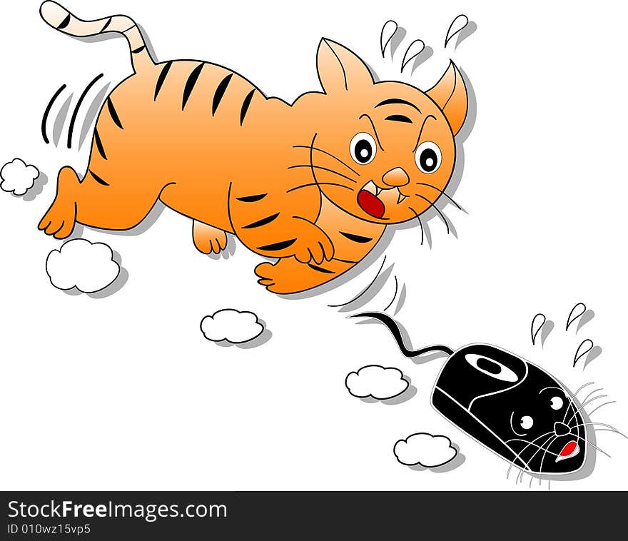 Vector illustration of a cat chasing a computer mouse. Vector illustration of a cat chasing a computer mouse