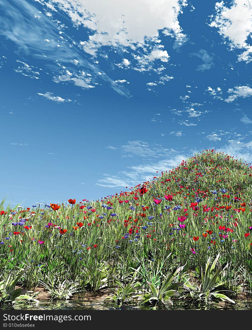 Beautiful field of flowers. 3d image