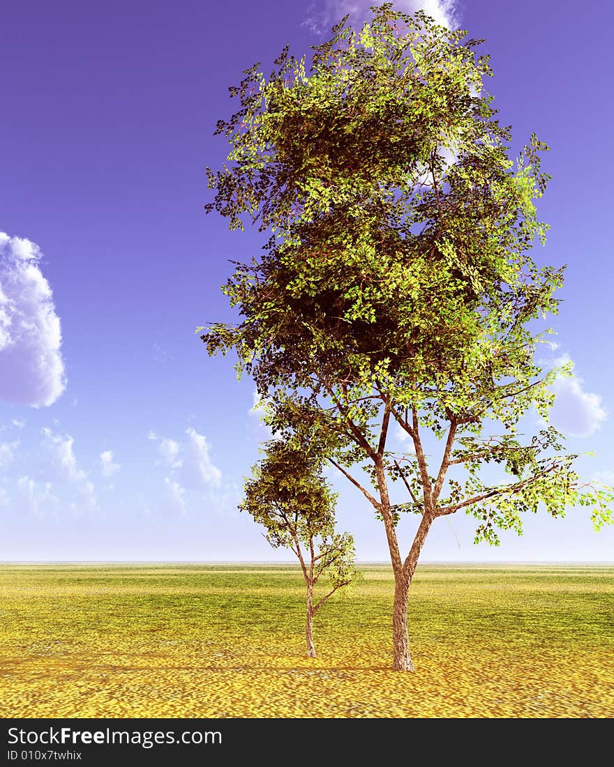 Beautiful landscape with tree. 3d image