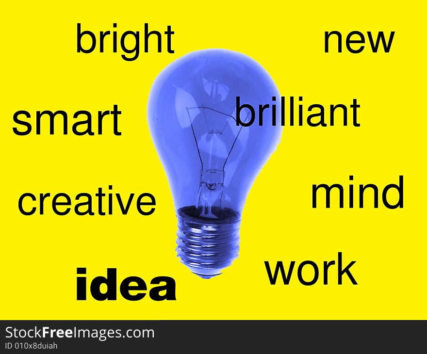 Blue light bulb on yellow background presenting idea.