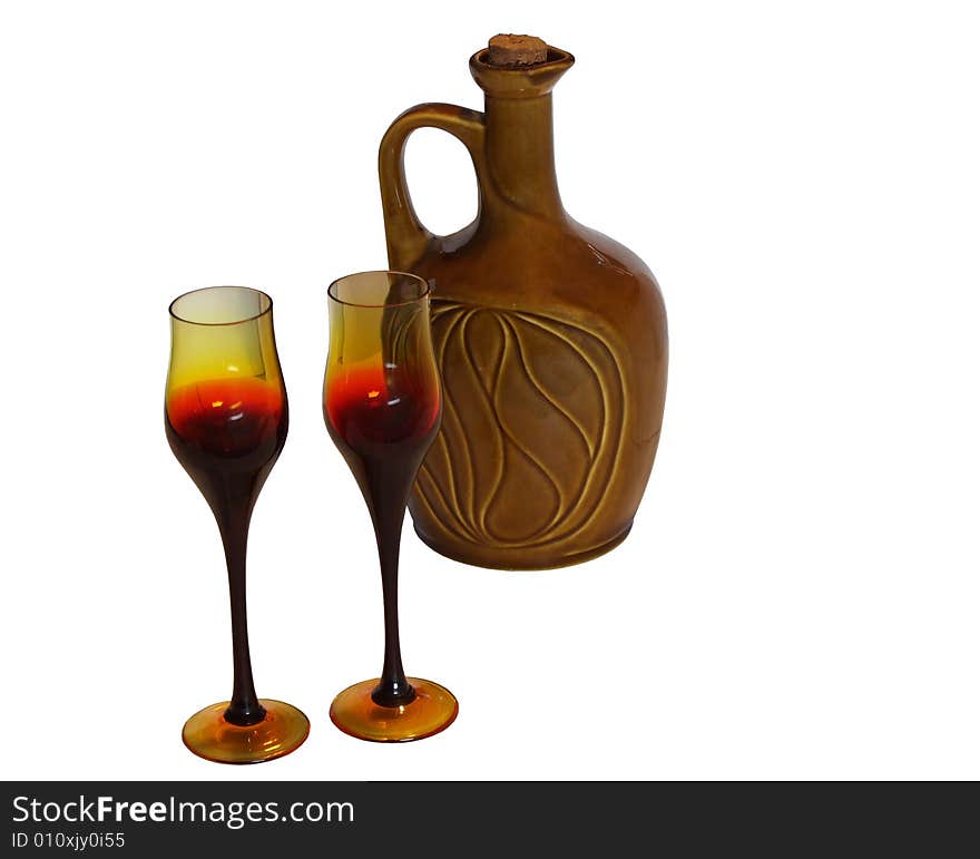 Porcelain bottle of wine with glasses, isolated with clipping path. Porcelain bottle of wine with glasses, isolated with clipping path