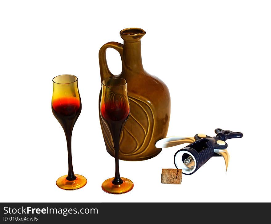 Bottle of wine with glasses, cork and corkscrew, isolated on white, with clipping path