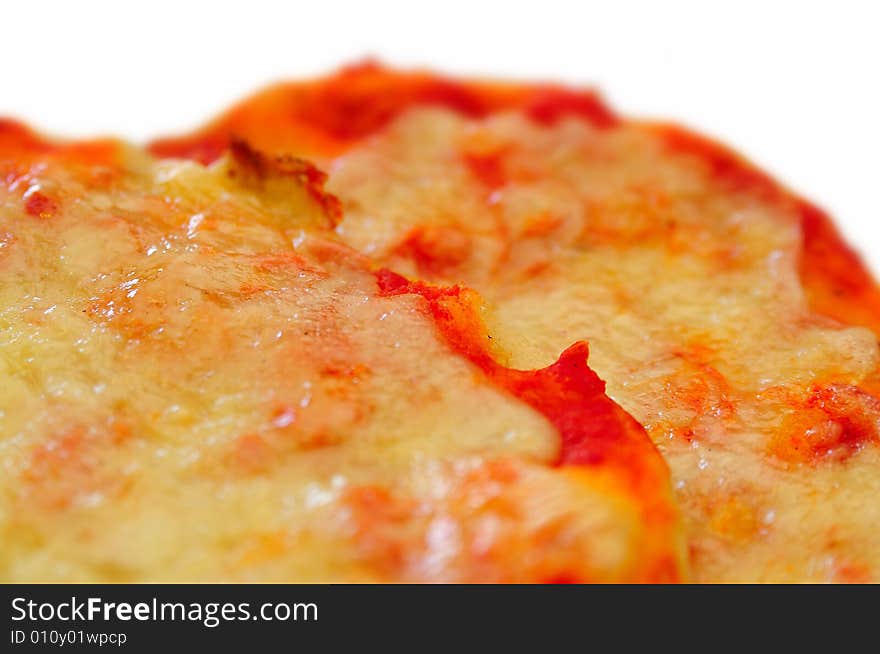 Two little tomato and mozzarella cheese typical italian roman pizzas with a white background. Two little tomato and mozzarella cheese typical italian roman pizzas with a white background