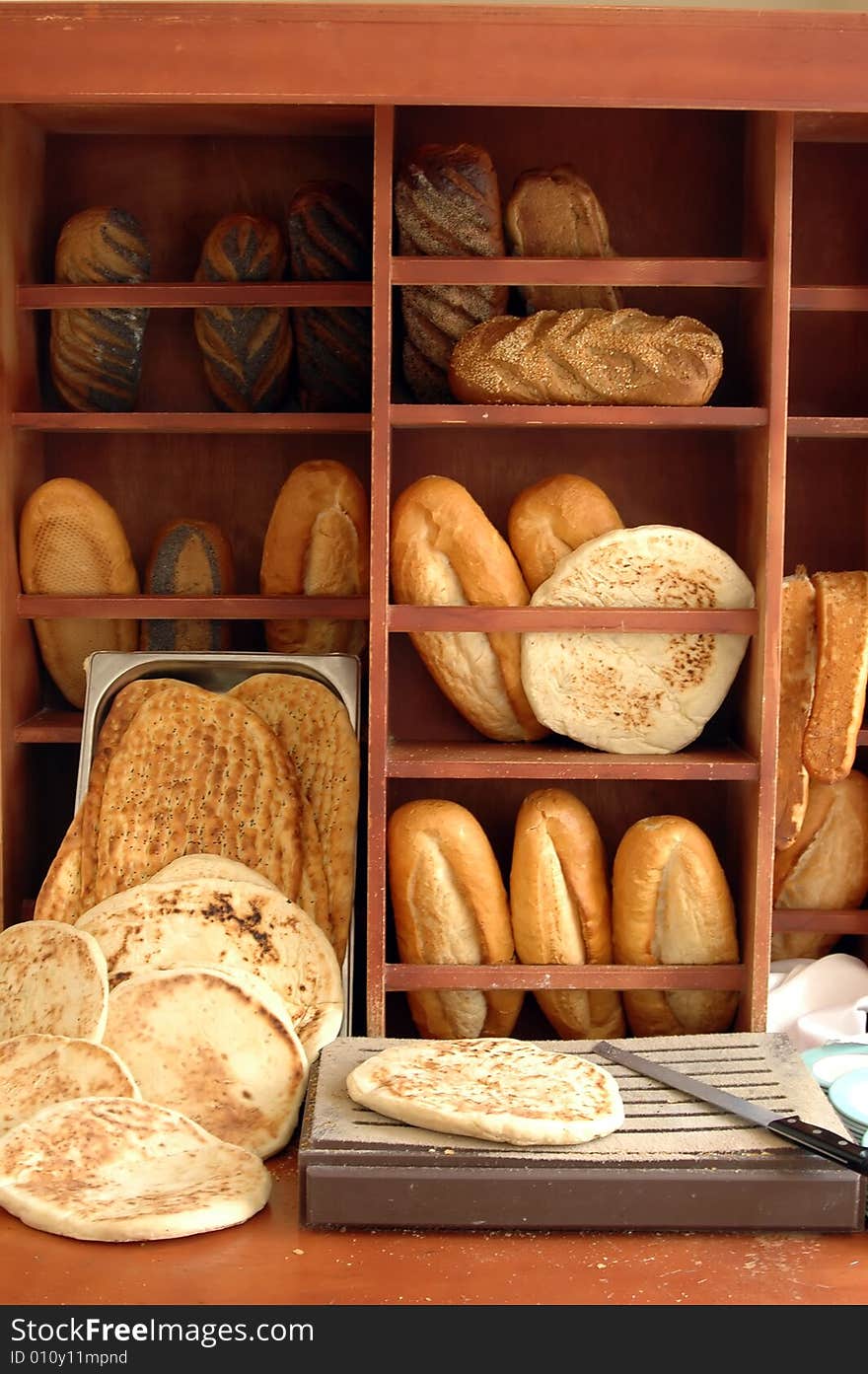 Different sorts of bread. Turkish restaurant.