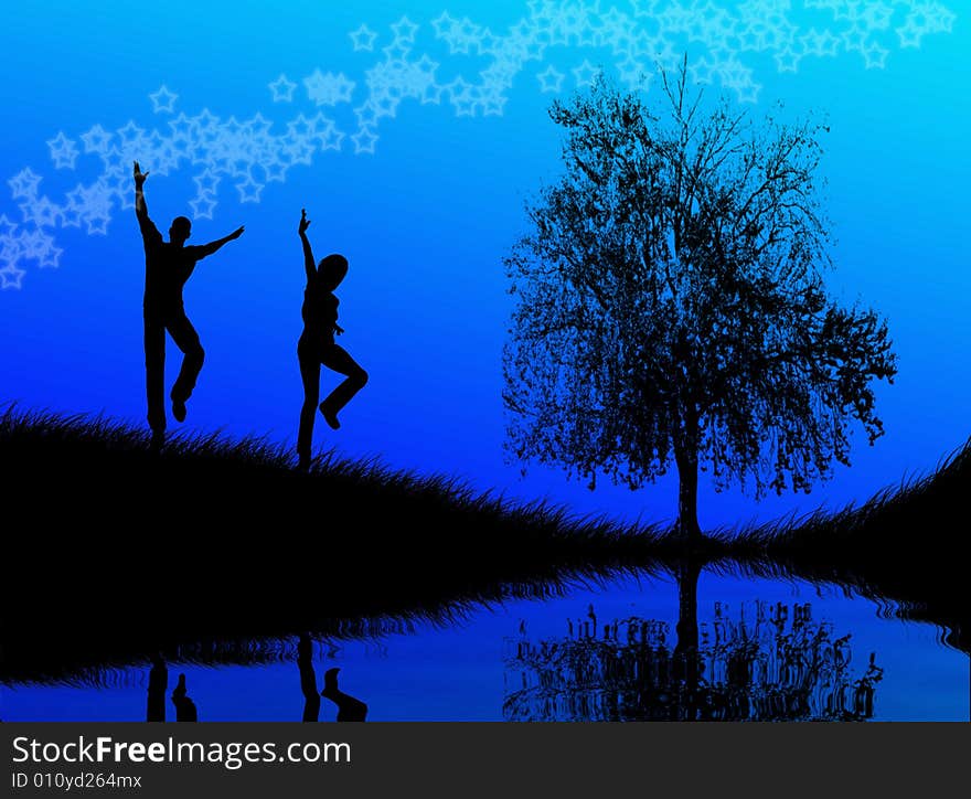 Black man and woman figures jumping in the sunset