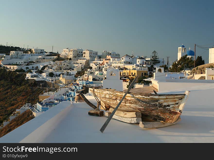 The famous hilltop village of Fira in Santorini, Greece.