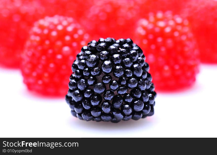 Closeup of colored candy on white background