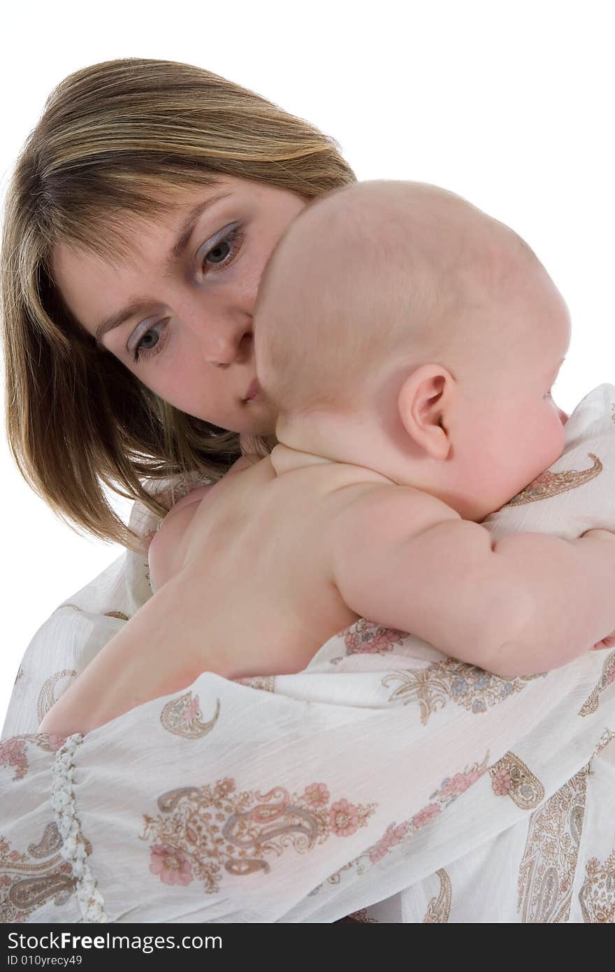 Happy mother with baby over white