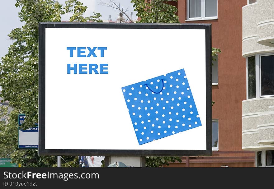 Blank billboard in city and shopping bag. Blank billboard in city and shopping bag