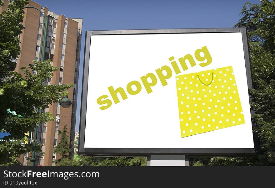 Blank billboard in city and shopping bag. Blank billboard in city and shopping bag