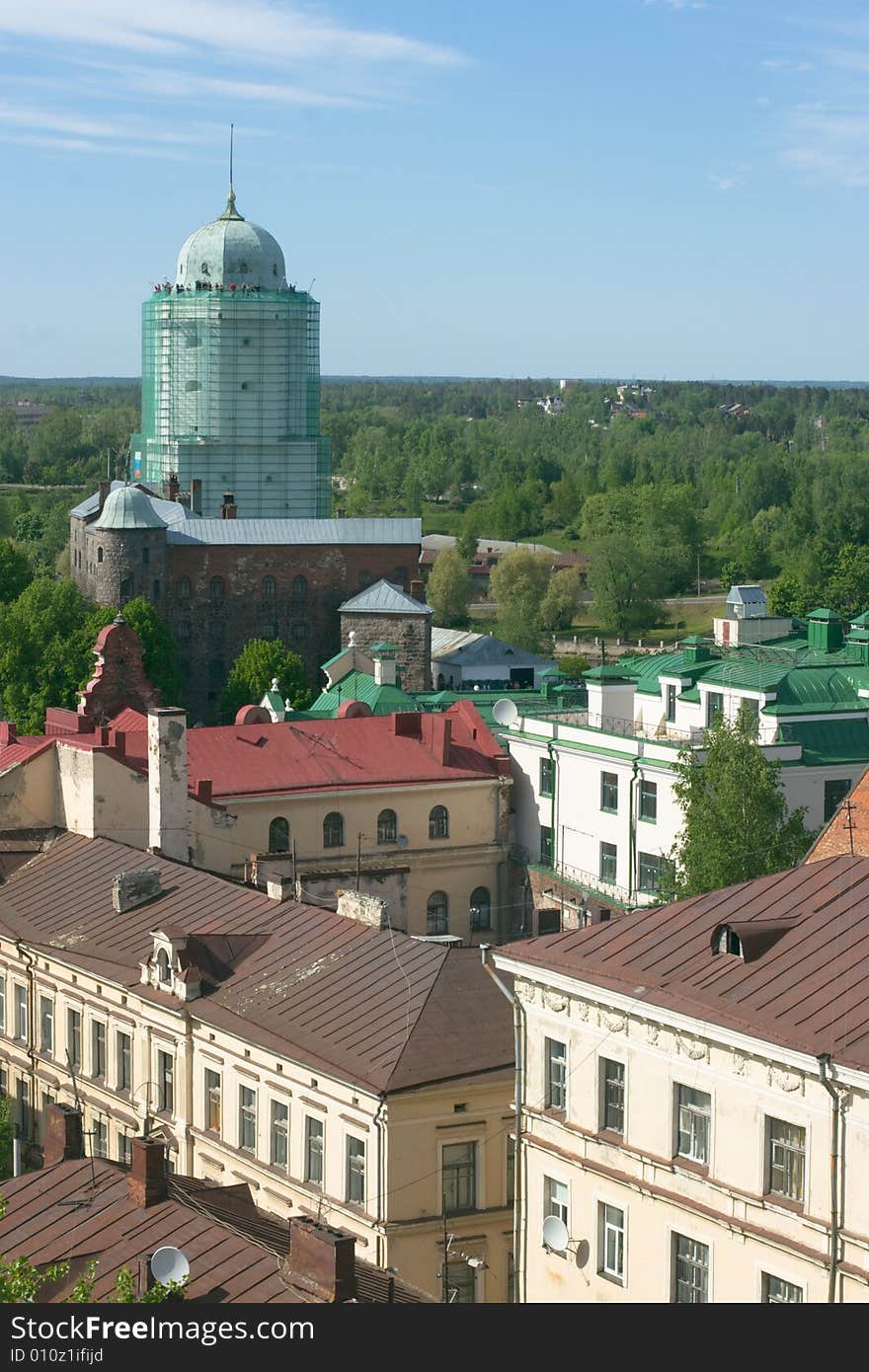 View to old city with castle tower. Vyborg, Russia. View to old city with castle tower. Vyborg, Russia