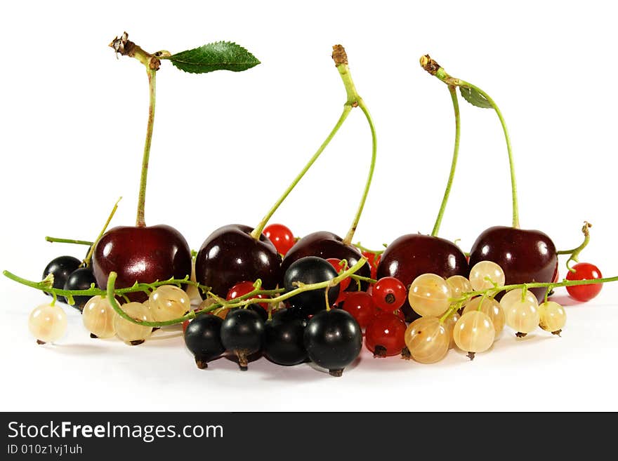 Collage of fruits and berries (horizontal row: cherry, currant, bilberry)