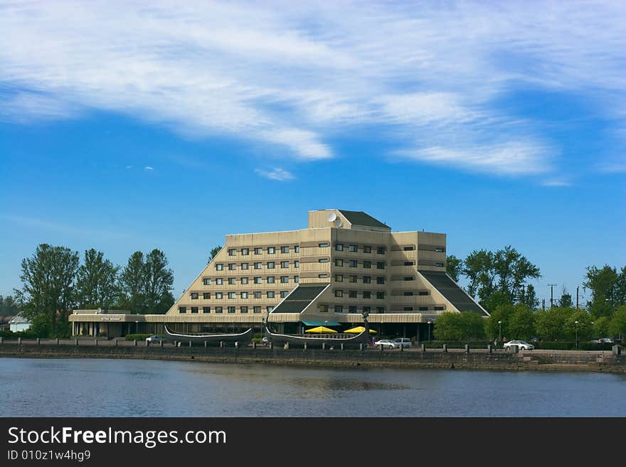 Hotel Druzhba on shore of creek in Vyborg, Russia. Hotel Druzhba on shore of creek in Vyborg, Russia