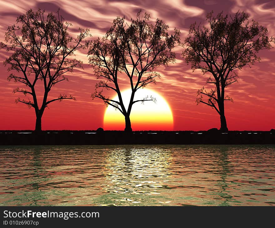 Old trees at a river beach - digital artwork.